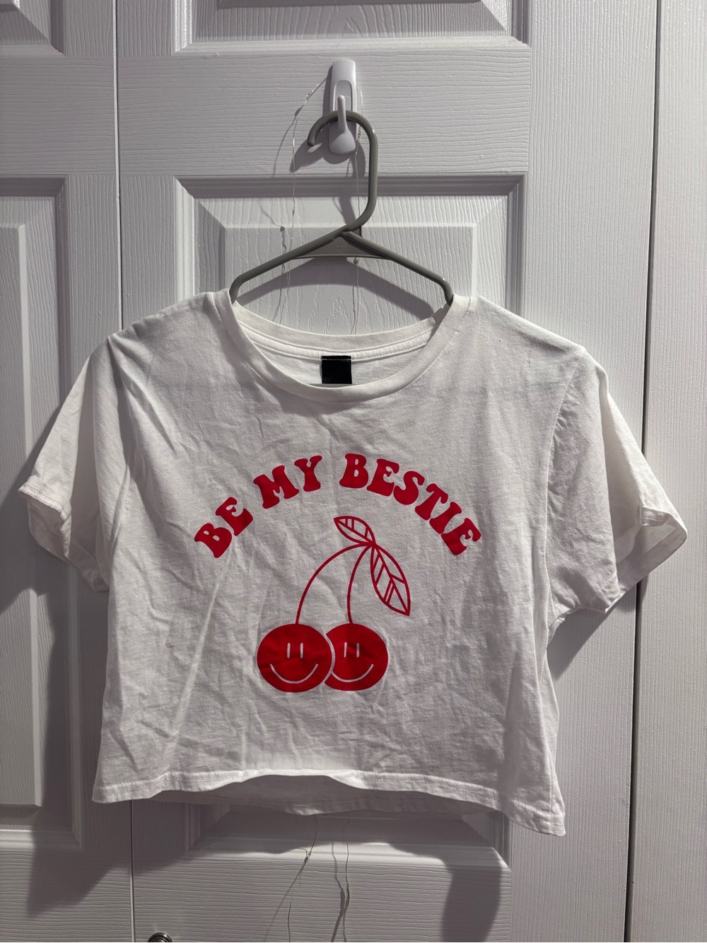 Be My Bestie White Cropped Tee with Red Cherry Graphic